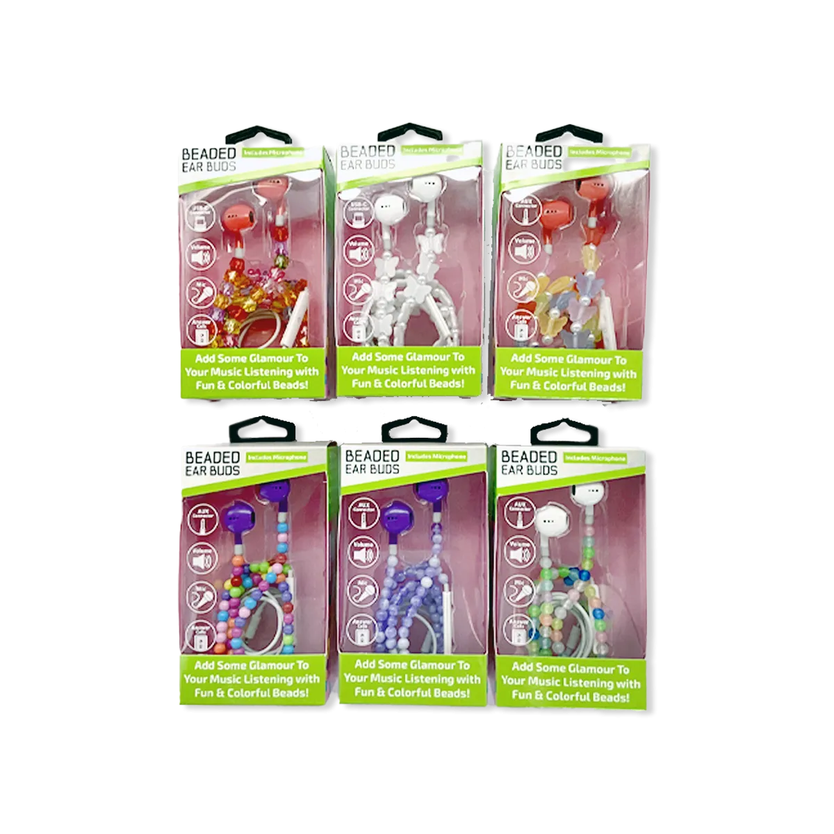Beaded Earbuds Assortment USB-C / Aux - 6 Pieces Per Retail Ready Display 88569