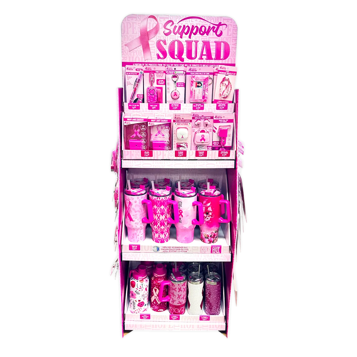Breast Cancer Awareness Pink Support Squad Assortment Floor Display - 64 Pieces Per Retail Ready Display 88590
