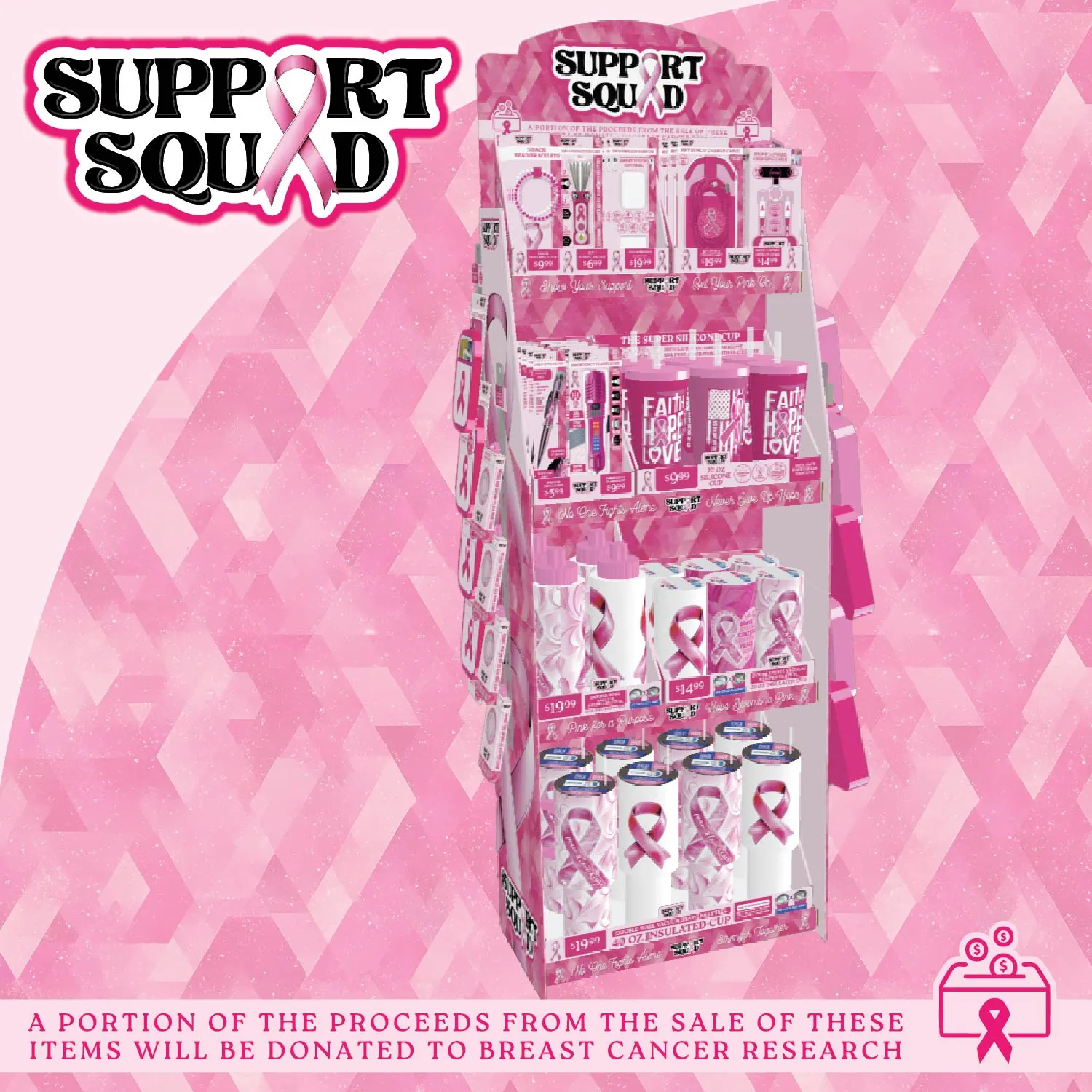 Breast Cancer Awareness Pink Support Squad Assortment Floor Display - 68 Pieces Per Retail Ready Display 88607