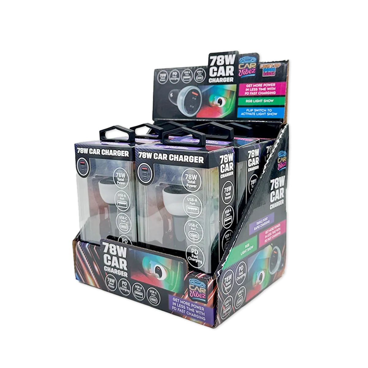 Car Charger Triple Port USB / USB-C LED 78W - 6 Pieces Per Retail Ready Display 25693