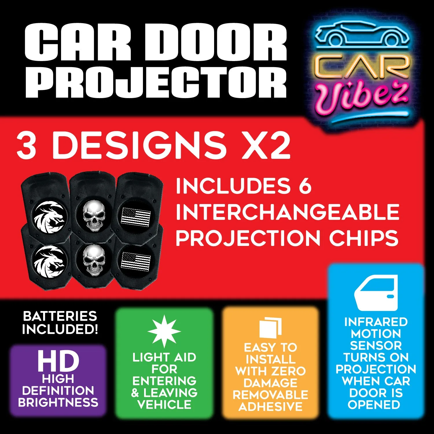 Car Door Light Projector with Assorted Designs - 6 Pieces Per Retail Ready Display 23694