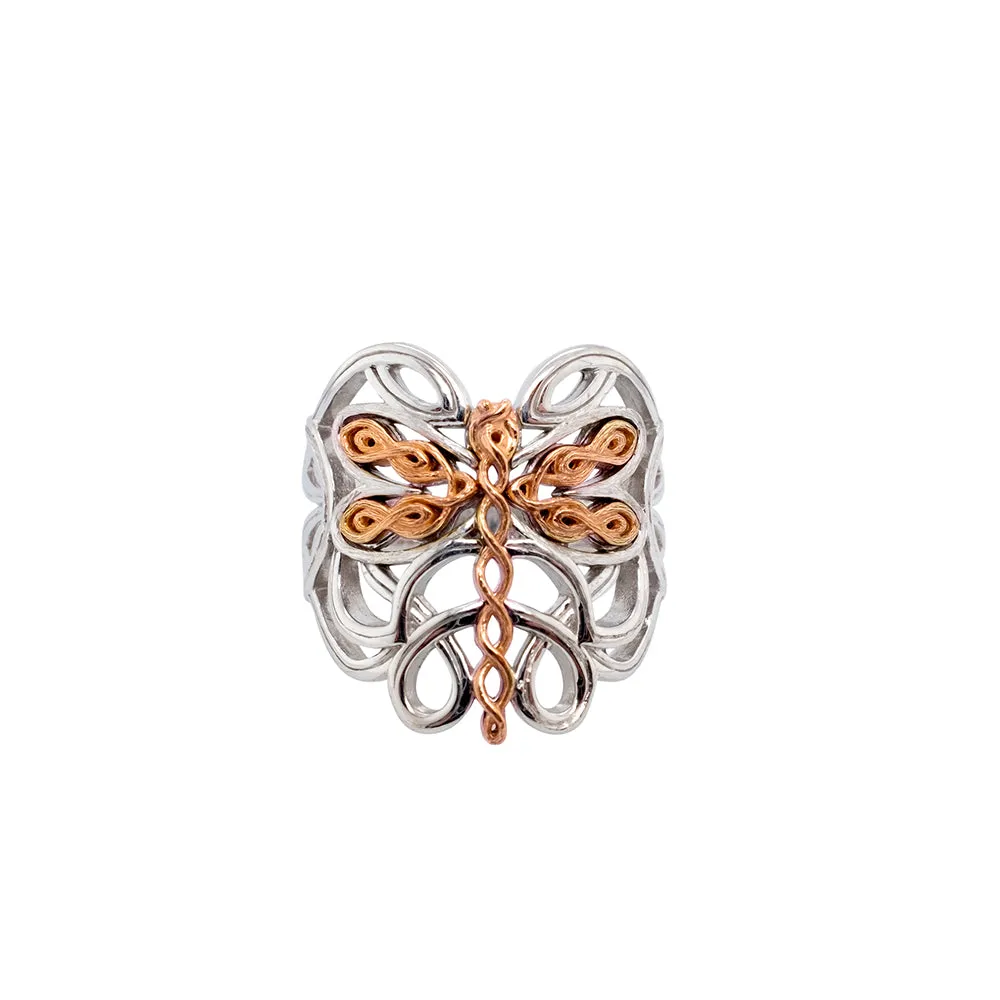 Silver and 10k Yellow or Rose Gold Dragonfly Ring