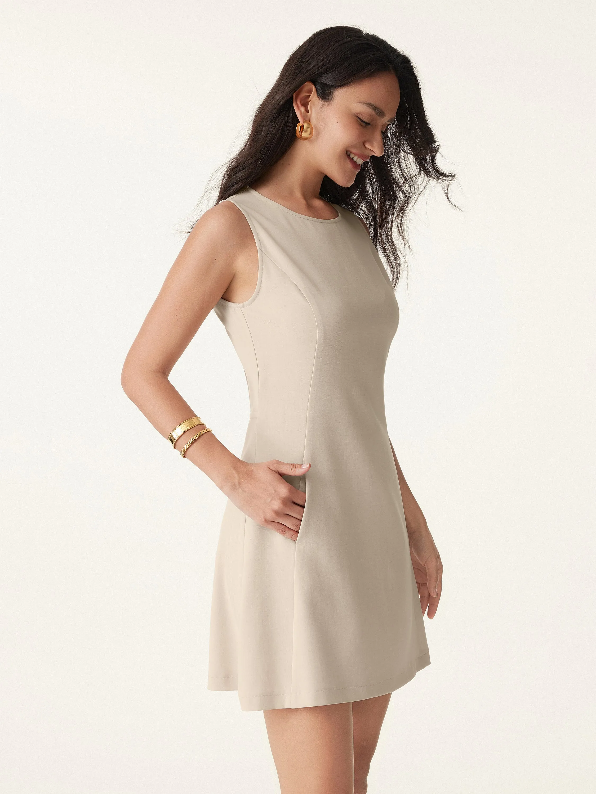 Wrinkle-Free Open-back Mini Dress with Pockets