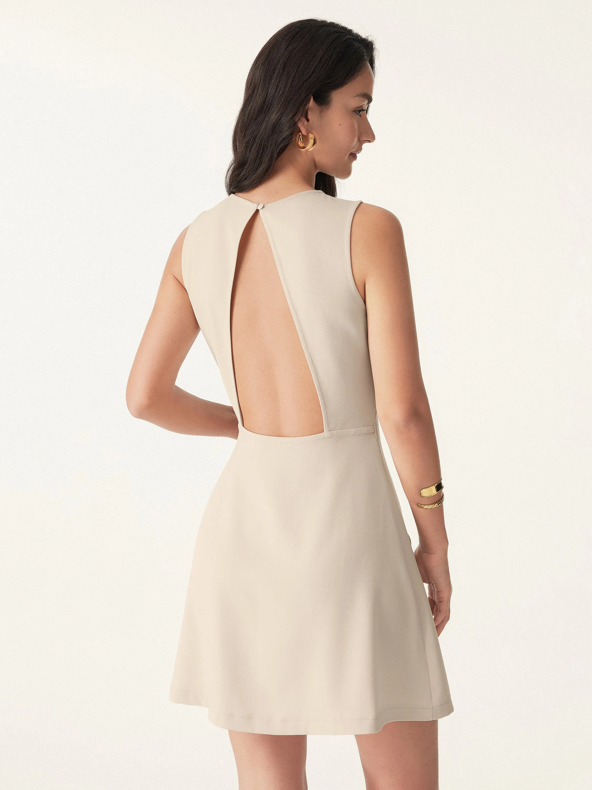 Wrinkle-Free Open-back Mini Dress with Pockets